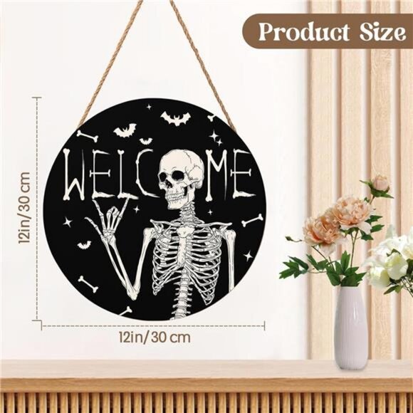 Halloween Skull Welcome Door Sign 12x12 Inch Halloween Wreaths for Front Door - Picture 3 of 8